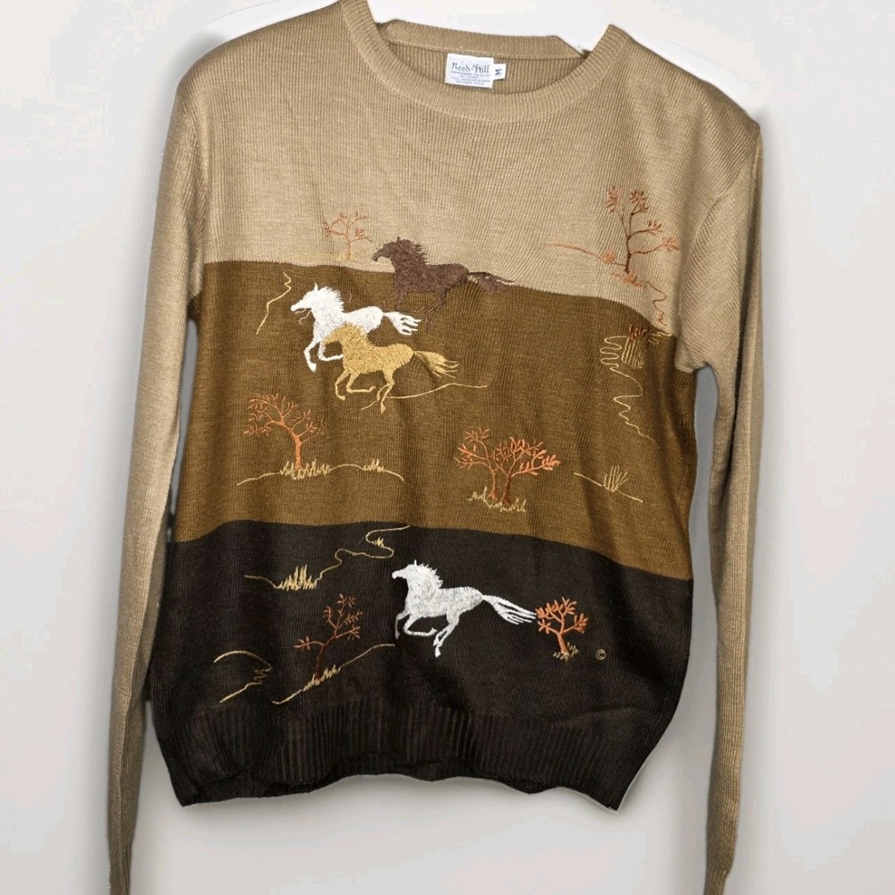 Vintage Reed-Hill long-sleeve Crew Neck Sweater Western Embroidery Horse Tan Med